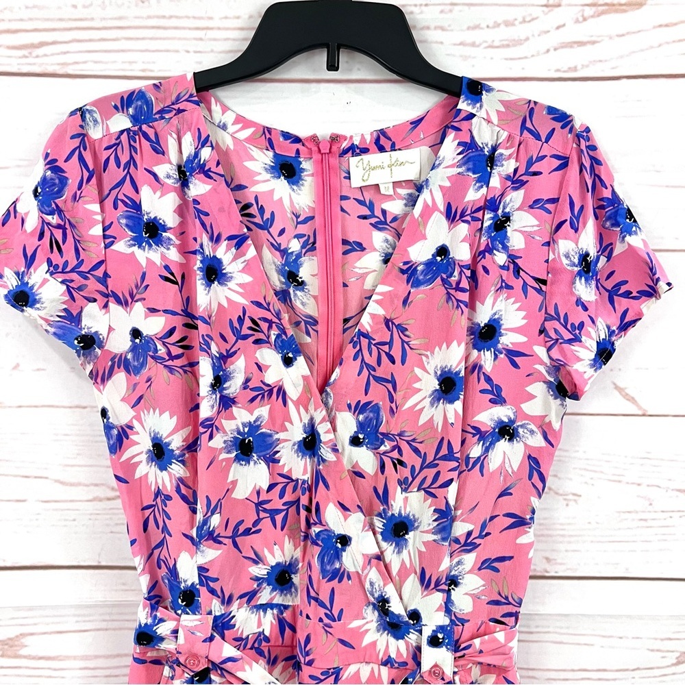 Yumi Kim Paradise Faux Wrap Surplice Romper Jumpsuit Pink Floral Safari Silk - Picture 4 of 16